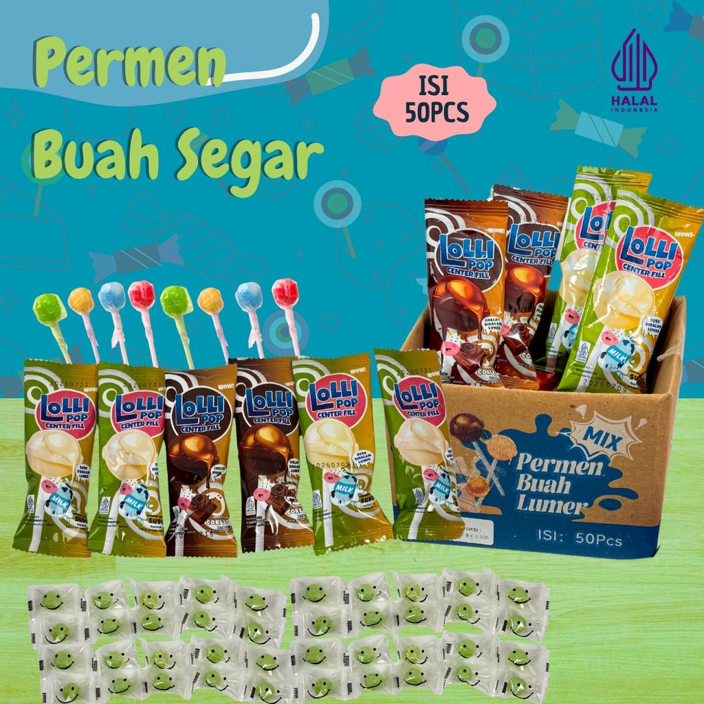 

Permen Buah Halal 50 Pcs – Lollipop Isi Cair & Lumer, Rasa Buah Segar yang Bikin Nagih, Snack Seru untuk Semua Usia