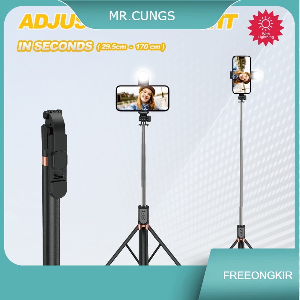 Tongsis bluetooth 1.7M LED 4 In 1 / Tripod Tongsis Remote LED Tongsis 170cm / Tongsis Selfie Tripod 