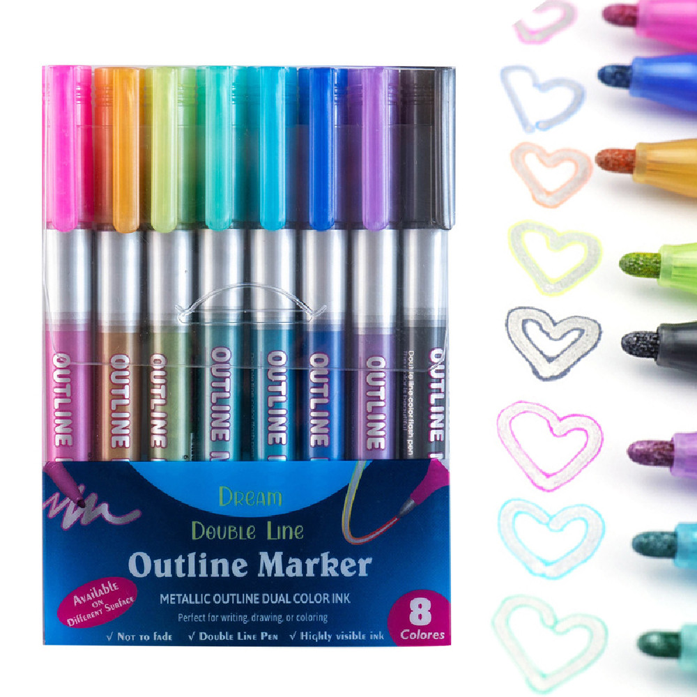 

8 colors/set of colorful double line pens, contour pens, painting, graffiti, art writing, signature markers, colorful markers, c