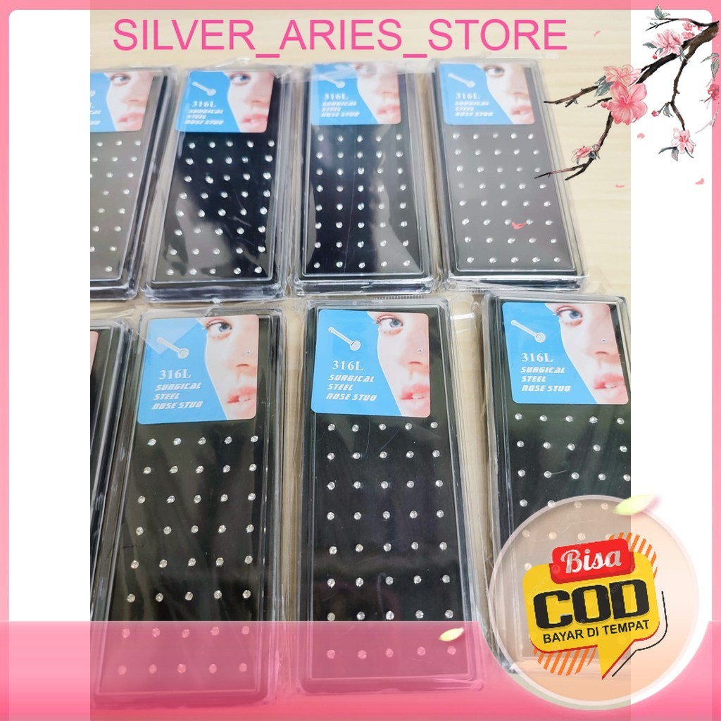 Silver Aries. ANTING TINDIK HIDUNG (BOX MIKA 40 PCS) / ANTING TINDIK INDIA HIDUNG NOSE STUD SURGICAL
