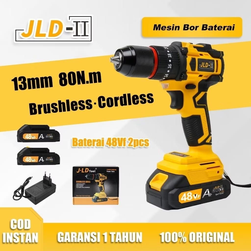 MESIN BOR CORDLESS KUNING 10MM 36V 48V Mesin Bor Batere JLD Kuning Type King 48v & 36v Drill Cordles
