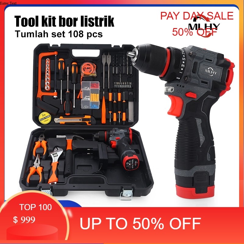 MLHY 102PCS Toolkit Bor listrik Alat Pertukangan Set bor listrik brushless Palu Handtool Box Set Soc