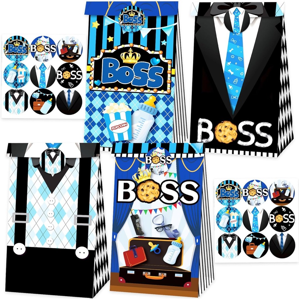 

LaVenty BOSS Theme Party Gift Goodie Candy Treat Bags Black Blue Grocery Paper Take Out Bags for Baby Boy Birthday Decorations