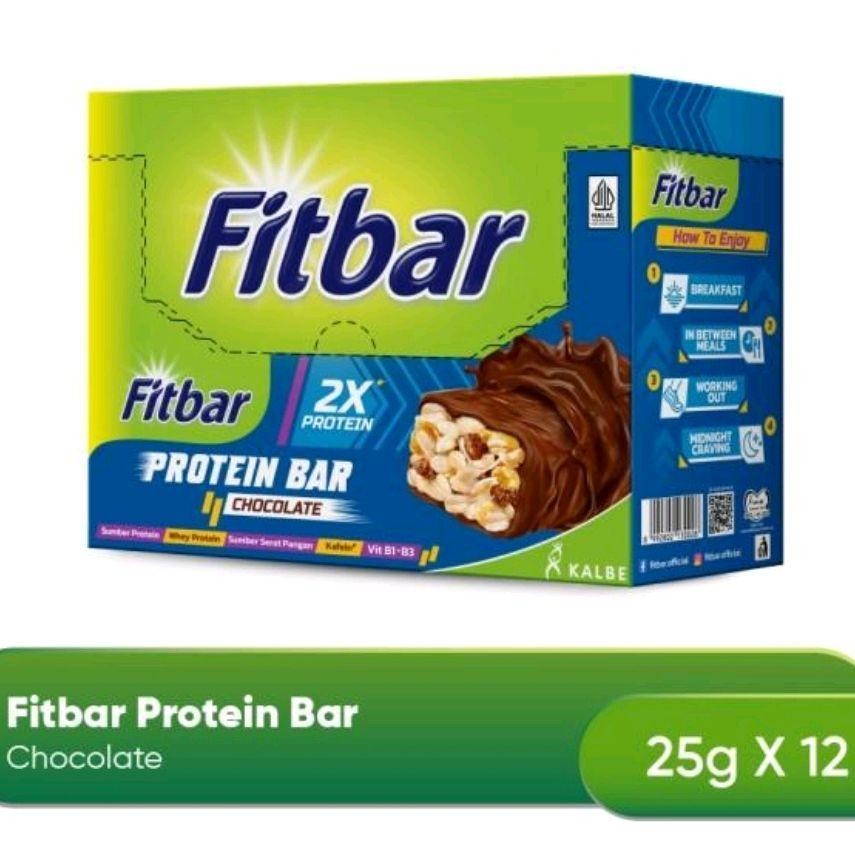 

Fitbar Protein Bar Box ( isi 12 x 25gr ) Chocolate Bar Sumber Protein