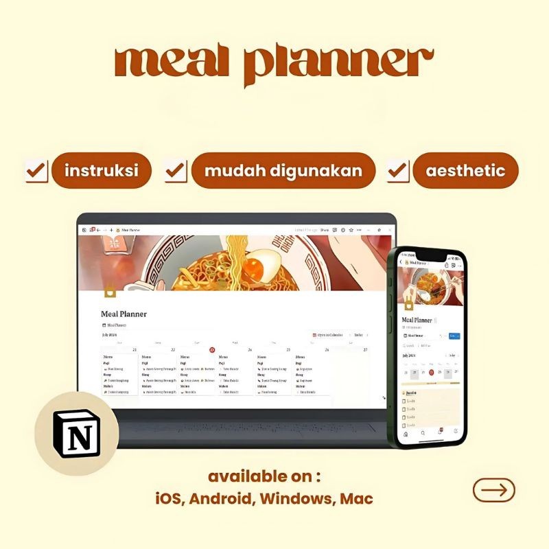 

Meal Planner Notion Template - untuk Rencana Masak Harian & Mingguan | Atur Menu Pagi, Siang, Malam + Checklist Belanja + Kumpulan Resep Masakan Favorit