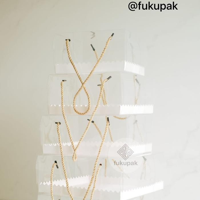 (20pcs) Fukupak Box Mika Tali Tinggi 10 cm kotak transparan dus mika kue nasi - 18x18x10, Putih Tali
