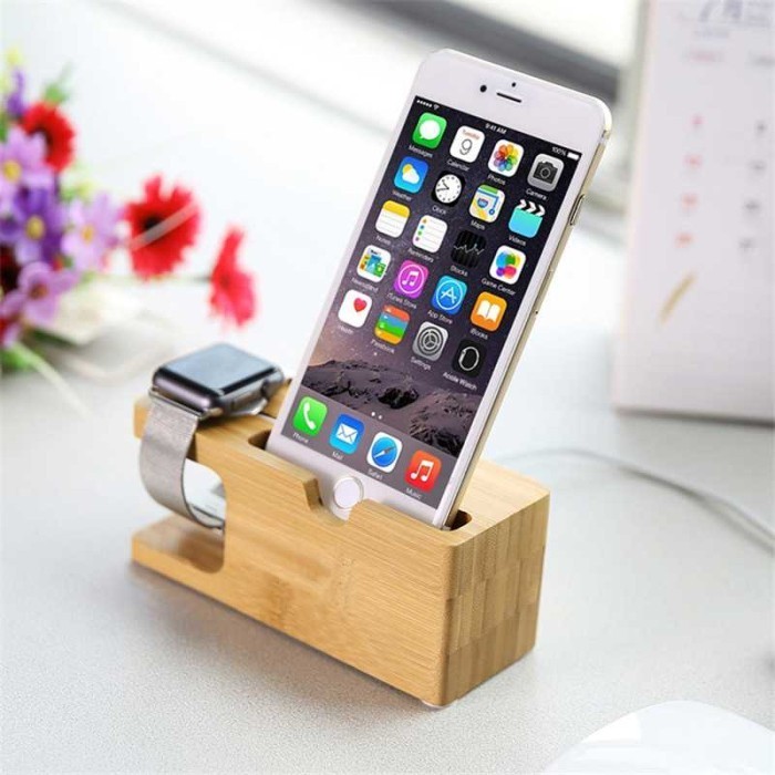Holder Stand Hp Smartwatch Jam Kayu Bambu Unik Minimalis Natural