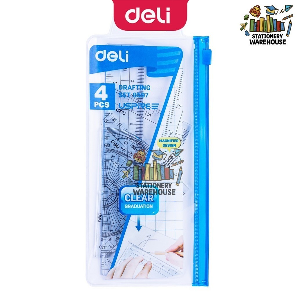 

Deli Set Penggaris Set Persegi Busur Derajat Set 4pcs PS tembus berkualitas Drafting Set tahan lama E9597 9597