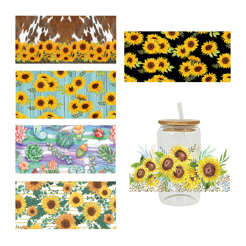 

UV DTF Transfer Sticker Sunflower For The 16oz Libbey Glasses Wraps Cup Can DIY Waterproof Easy To Use Custom Decals D4070