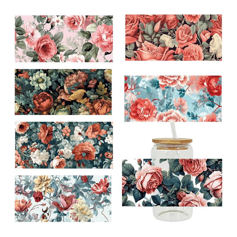 

UV DTF Transfer Sticker Flowers For The 16oz Libbey Glasses Wraps Bottles Cup Can DIY Waterproof Custom Decals D14761