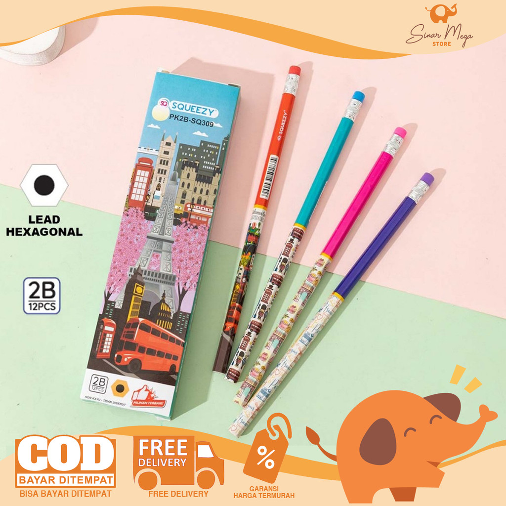 

SQUEEZY Pencil + Eraser 2B Paris London PK2B-SQ309 LUSINAN / Isi 12 Pensil Murah