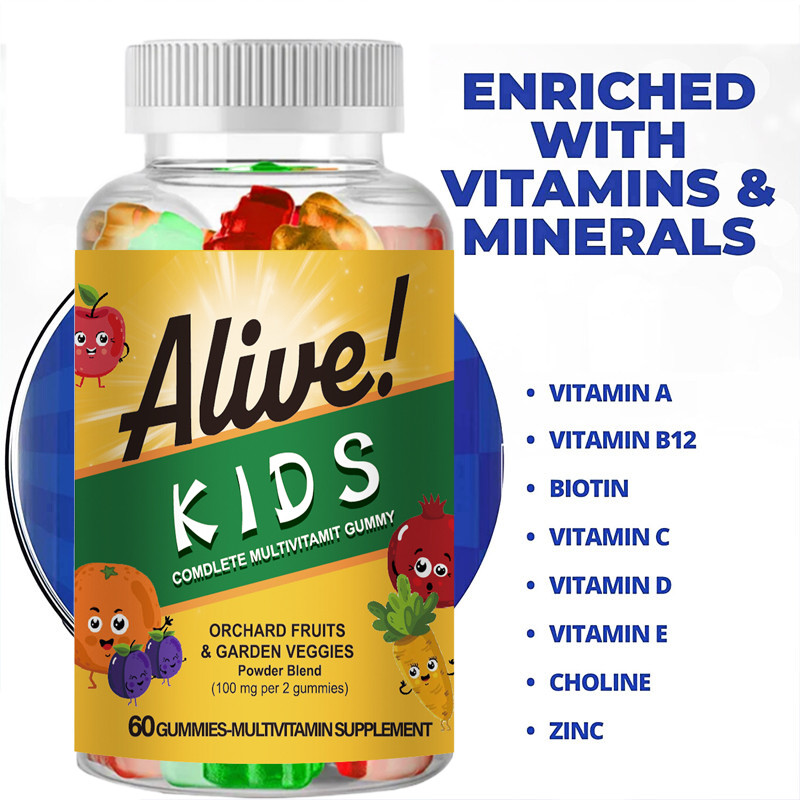 Alive Kids Organic Multivitamin Gummies Supplements Vitamin D3, A, C, D, E Biotin Gummy Increases
