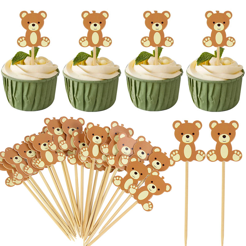 

20pcs Teddy Bear Cake Topper Baby Shower Bear Cupcake Toppers Kids Happy Birthday Party Dessert Baking DIY Decoration Supplies