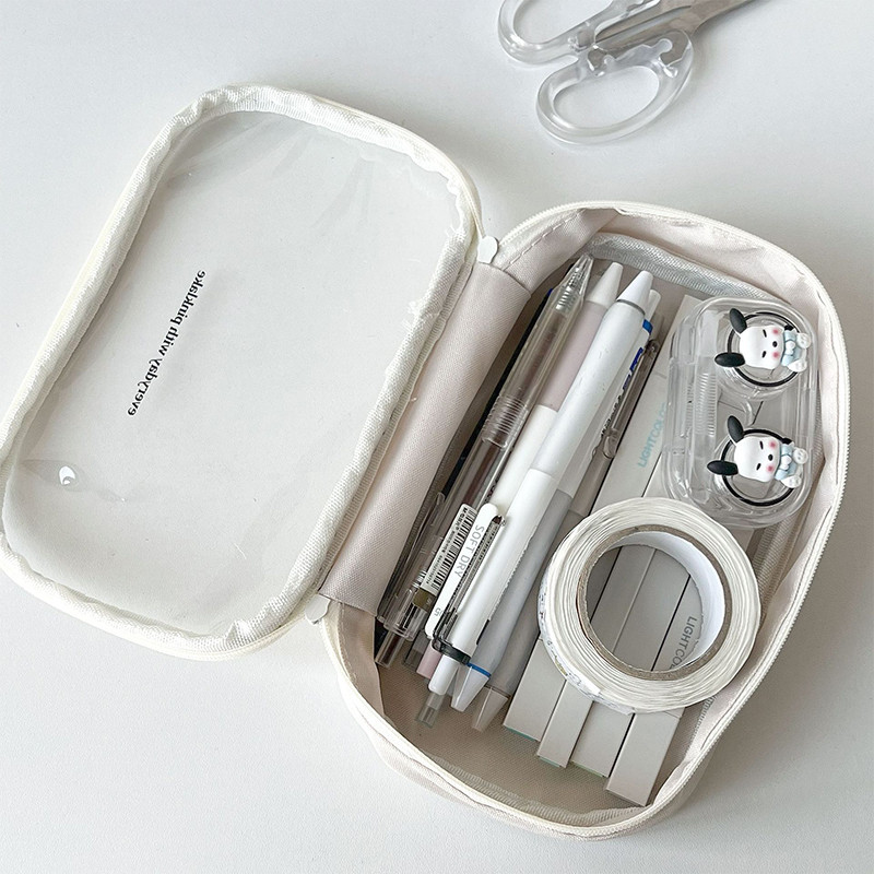 

Student Pencil Pouch Simplicity Beige Color Series Pencil Case Transparent High Capacity Stationery Scrapbook Storag Bag