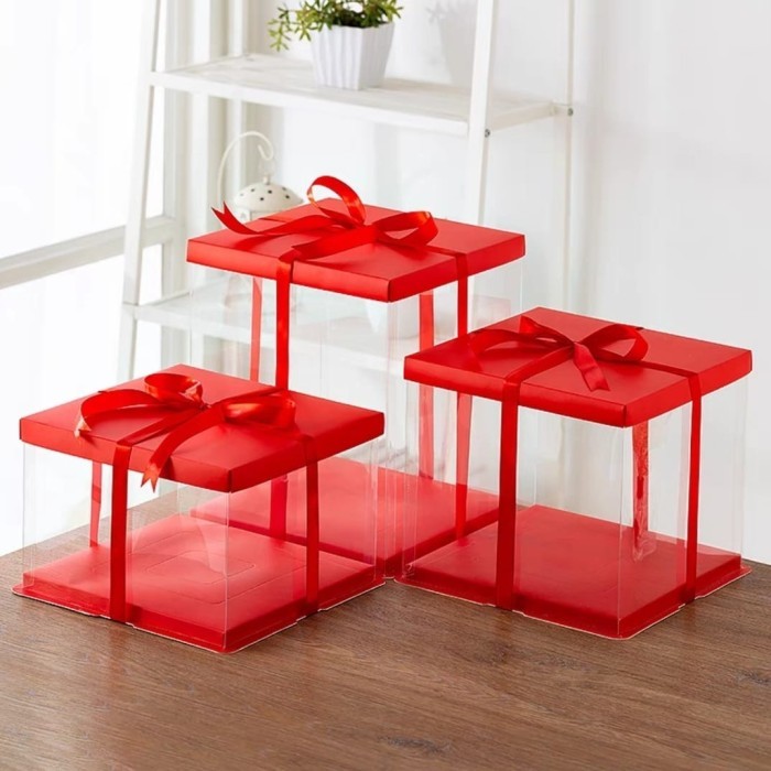 

Cake Box Mika Transparan Dus Tall Cake Kotak Kue 22x22cm TUTUP WARNA - Red, 22x22x31cm