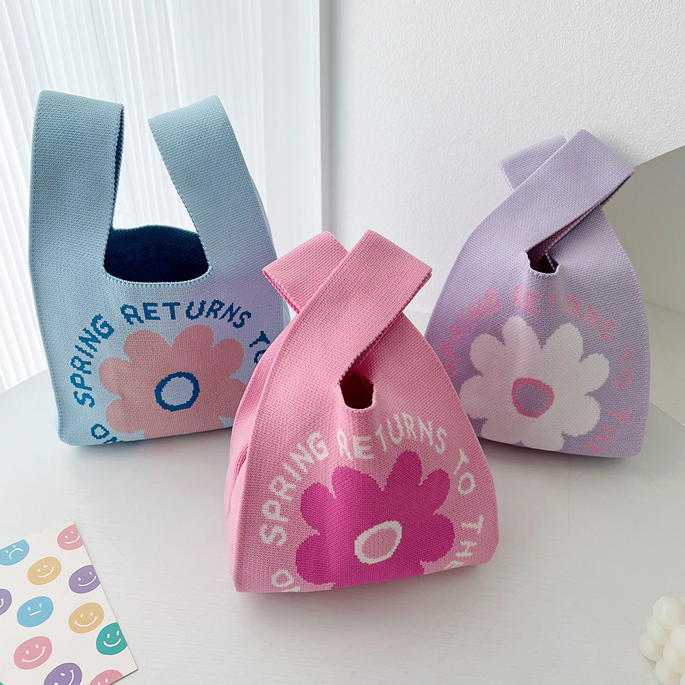 

Handmade Knit Handbag Women Mini Knot Wrist-bag Female Casual Color Wide Stripe Plaid Tote Bag Student Reusable Shopping Bag