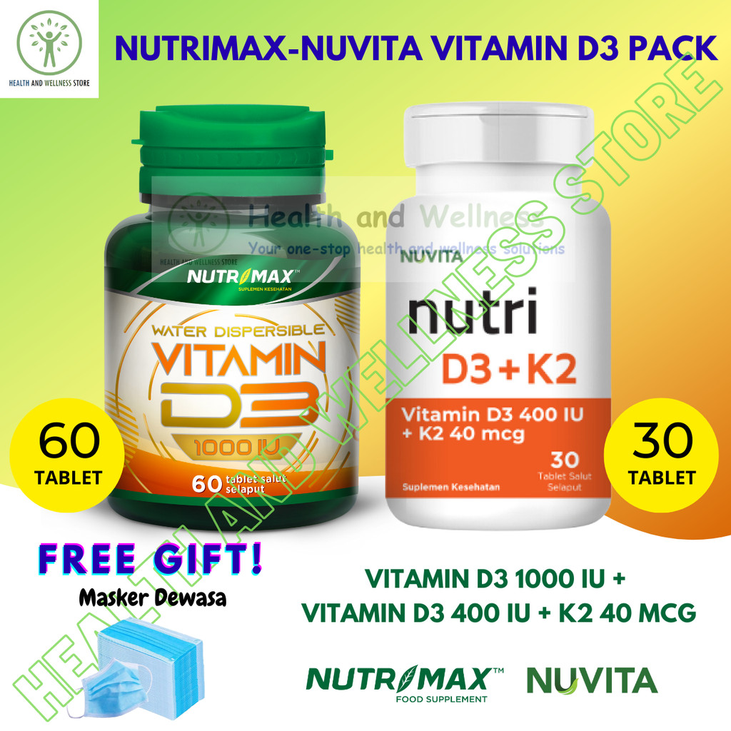 PAKET NUVITA VITAMIN D3 K2 D3 400 IU K2 40 MCG 30 TABLET DAN NUTRIMAX VITAMIN D3 1000 IU 60 TABLET