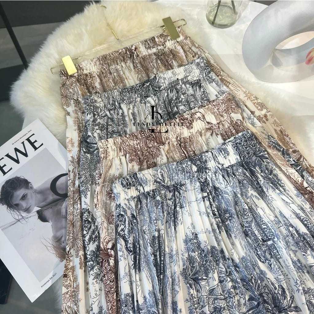 Rok plisket Wanita Korean style/Rok Plisket Motif Bunga Prada/Rok Plisket Payung Panjang/ Rok Panjan