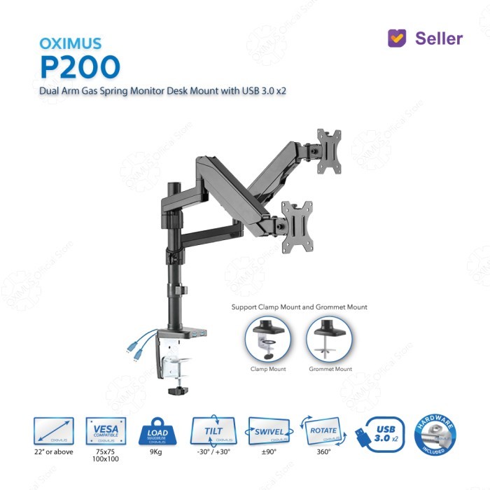 BRACKET MONITOR GAS SPRING OXIMUS P200 TILT SWIVEL ROTATE USB 3.0 x2 - P200 Seller