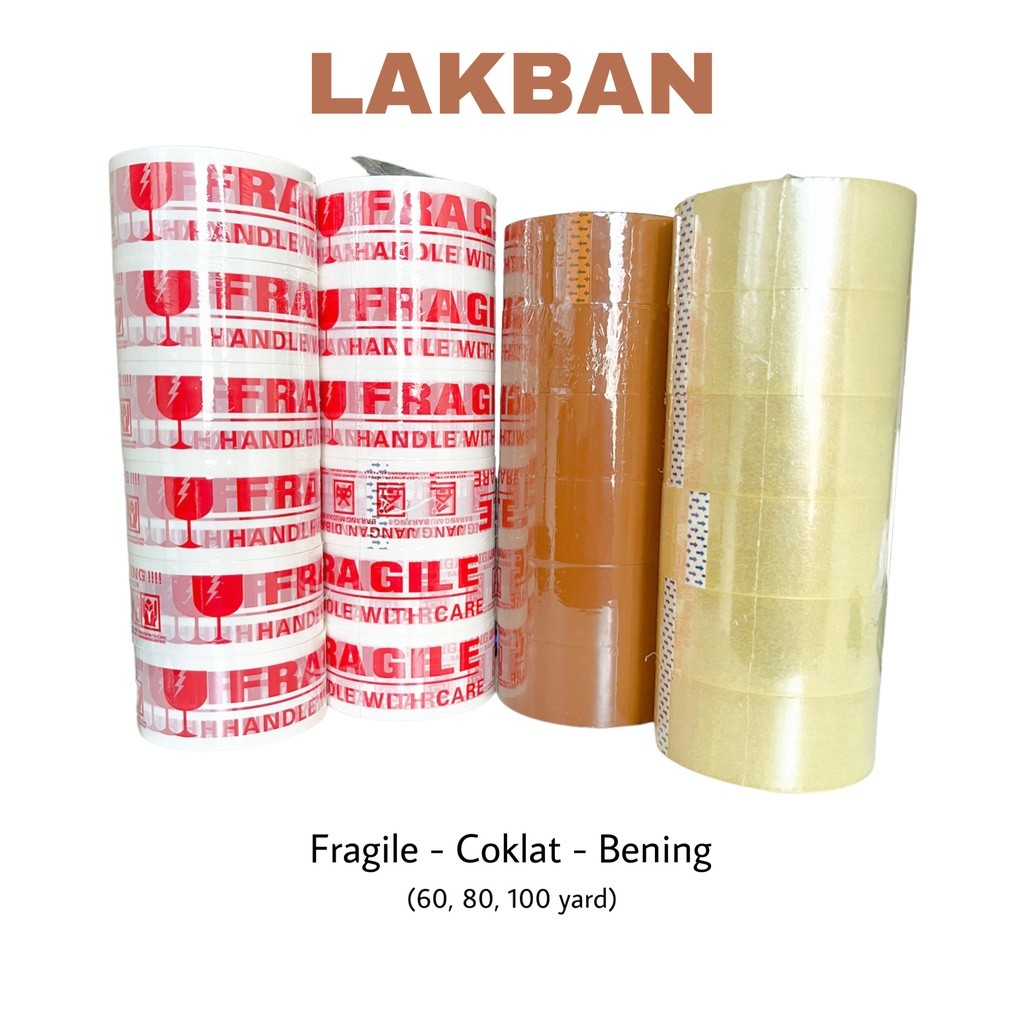 

Lakban Fragile / Coklat / Bening | LAKBAN 60 / 80 / 100 YARD ASLI | Lakban Lengket