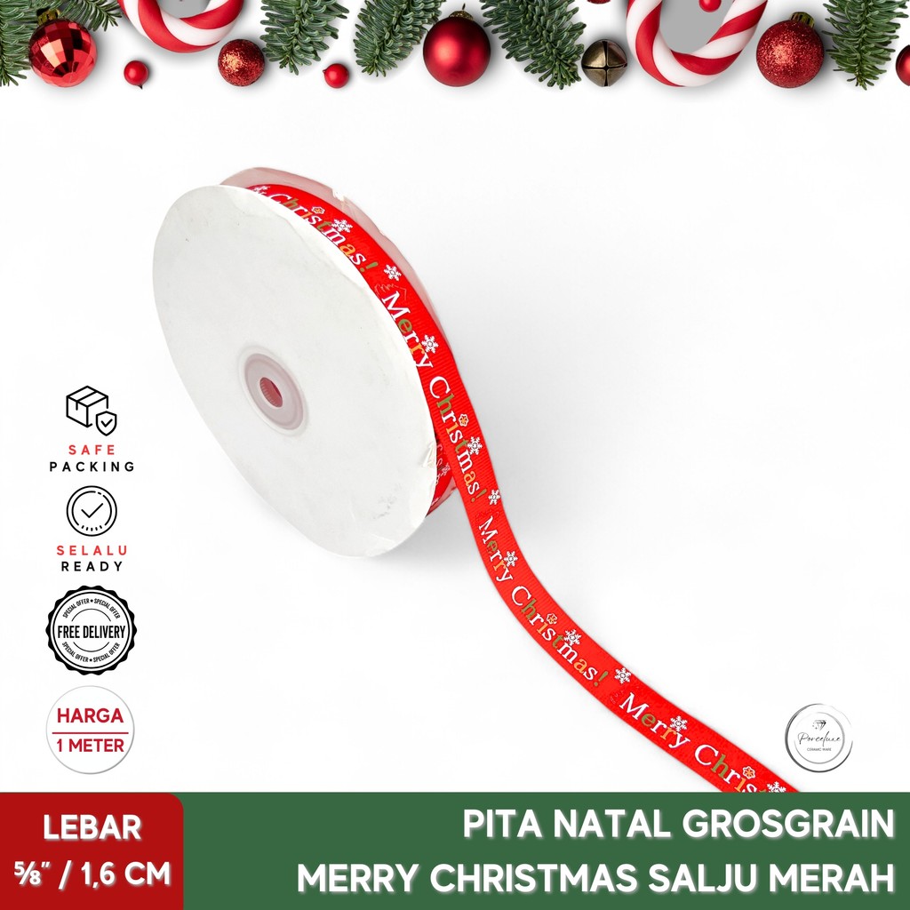 

Pita Hiasan Kado Natal Merry Christmas Grosgrain Snow Merah 1,6 cm Harga Per Meter