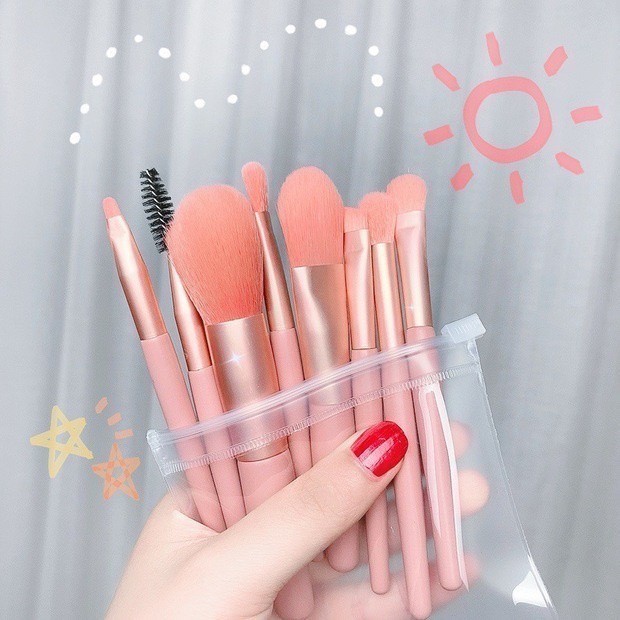 BISA COD.  Brush Makeup Traveling Set Free Puch (isi 8 Pcs) Mini Travel Complete Kuas Makeup Free Po