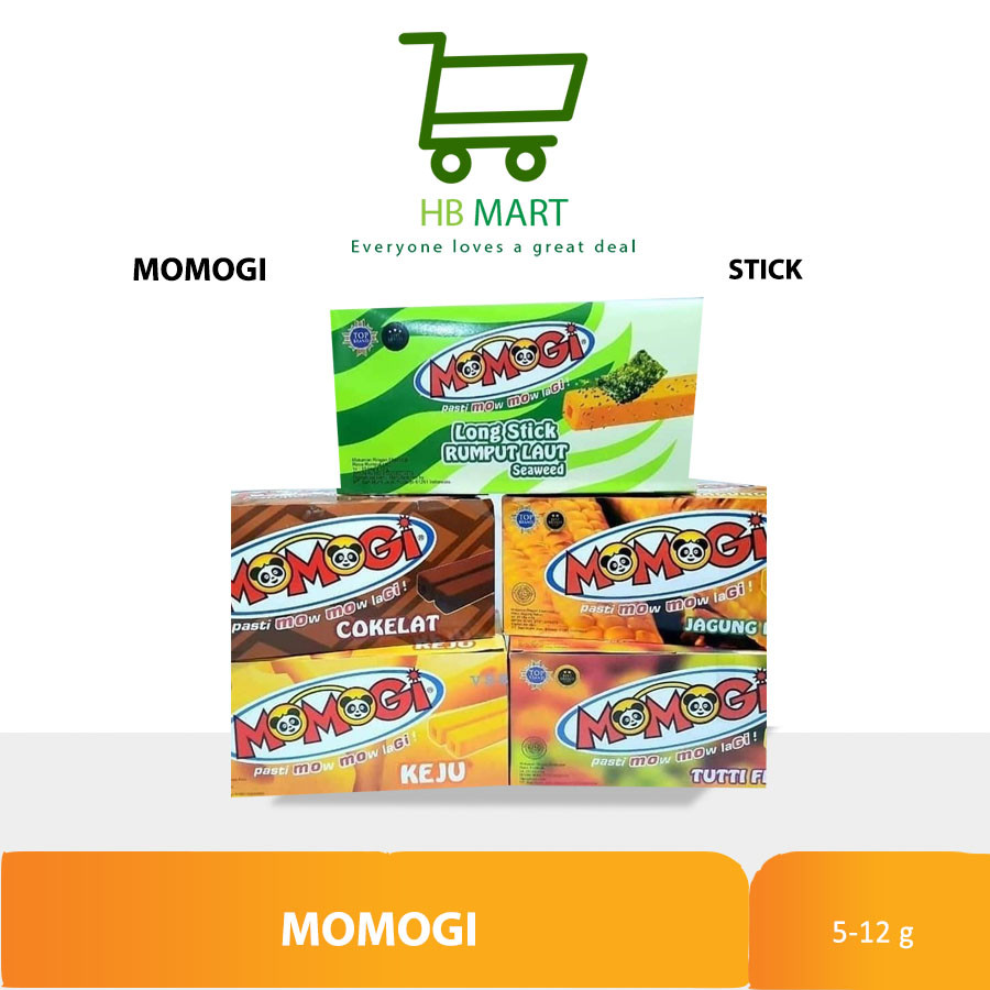 

MOMOGI 1 BOX ISI 10 PCS / 12 GRAM / 5 GRAM / MOMOGI STICK SNACK EXTRUDAT LONG - ISI 10 BGKS