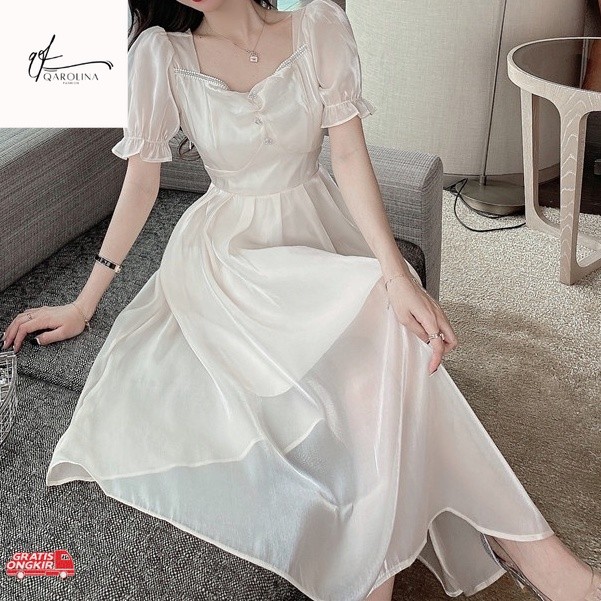 Dress Korea / baru dress brukat korean style putih wanita korea sutra high-end long dress/dress kore