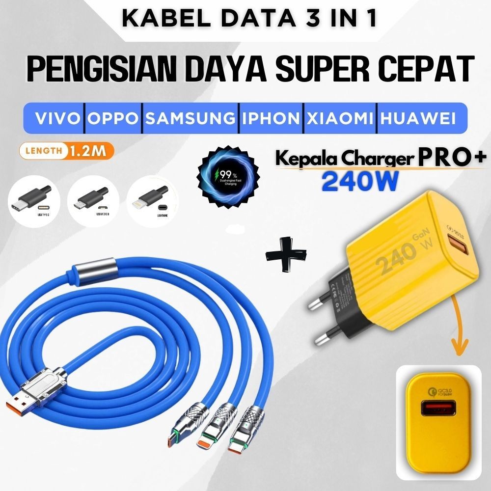 【Dapat Charger Cepat】KABEL Data 3 IN 1 Fast Charging 240W 6A Type C, MICRO USB, IOS LIGHTNING 1.2 M 