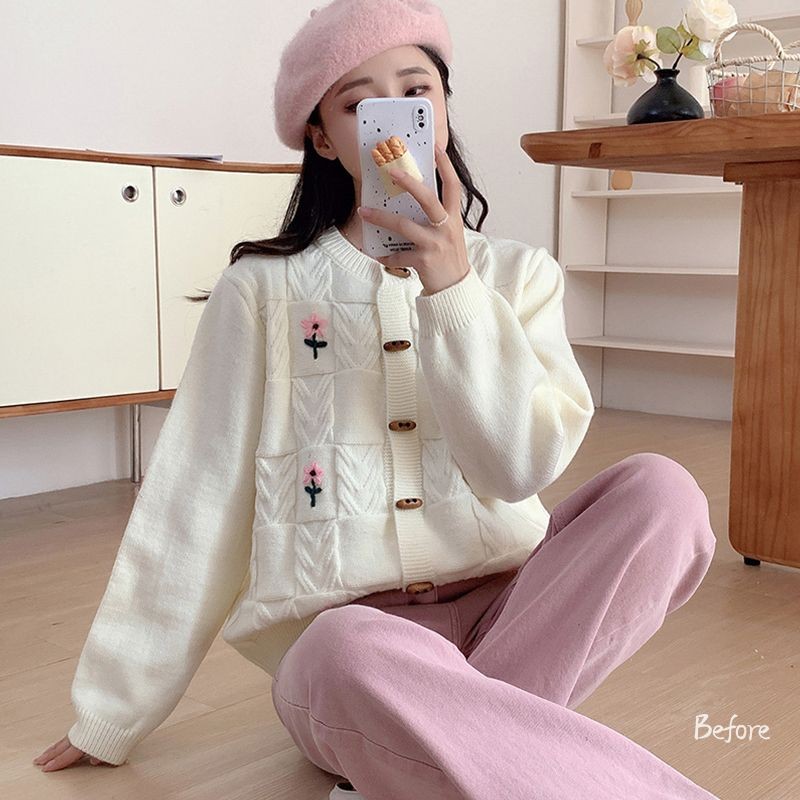 Korean Style Cardigan Rajut Oversize Kardigan Wanita Kancing Cardigan Cute Crop Lengan Panjang BF