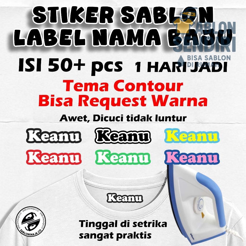

Sehari Jadi! Stiker Sablon Label Nama Baju Stiker Custom Nama Tema Contour Label Printing Kain / Kaos Sablon Setrika Gratis Custom Nama Isi 50+ Lebih