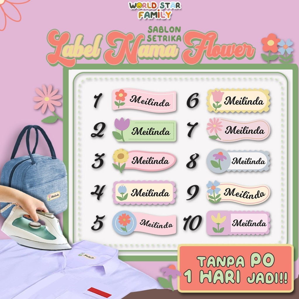 

Wsf Stiker Baju FLOWER custom stiker nama Seragam Sekolah Sticker Nama Label Printing Kain kaos Sablon Setrika GRATIS Custom Nama Stiker Label DTF Tinggal di setrika