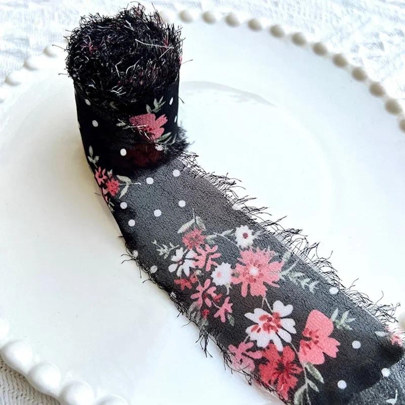 

Printed Hand Torn Raw Edge Ribbons Rural Wind And Snow Spun Ribbons Small Fresh Flower Bouquet Straps Floral Tassel Ribbons