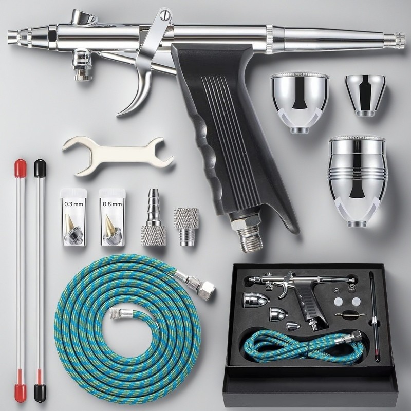 

Airbrush Kit with Double Action Trigger, 0.3/0.5/0.8mm Needles, 2/5/13cc Paint Cups Airbrush Gun Ideal for Nails Cake Tattoo Art