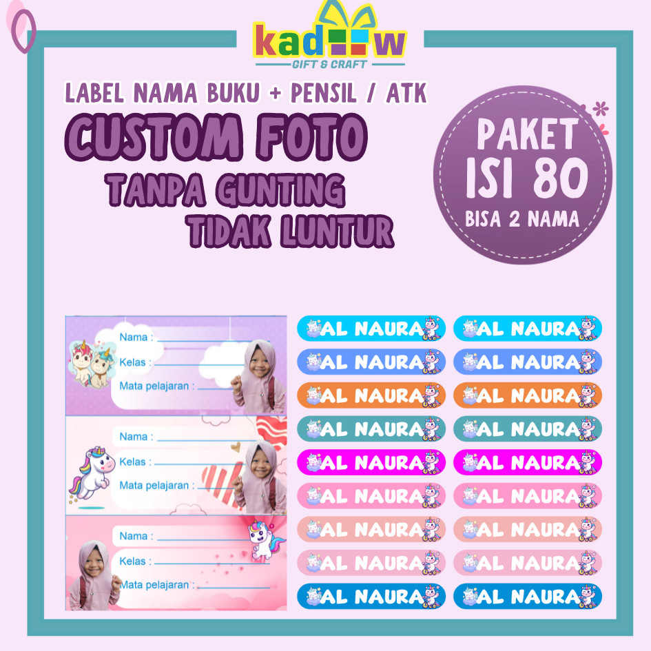 

80 Label Nama Anak Custom Foto Tanpa Gunting – Bisa 2 Nama | Stiker Buku Pensil Tahan Air
