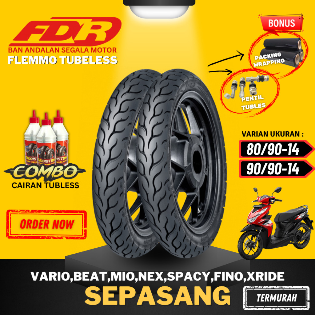 [PAKET SEPASANG] BAN FDR FLEMMO RING 14 / BAN FDR FLEMMO TUBELESS TUBLES RING 14 ( 80/90-14 / 90/90-