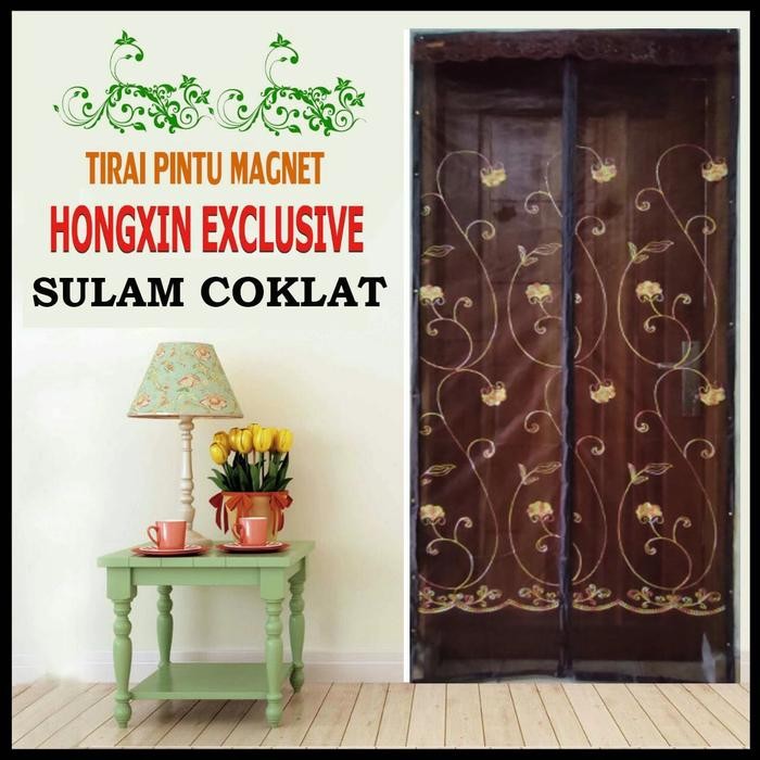 Tirai Pintu Magnet Hong Xin Anti Nyamuk V-Lines Krem - Sulam Coklat, 90x210 cm (Std)