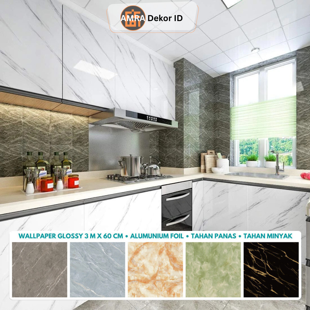 [35 Motif] Wallpaper Glossy Marmer Marble Marmer Dapur Meja Furniture 3 m x 60 cm Glossi Kitchen Wal