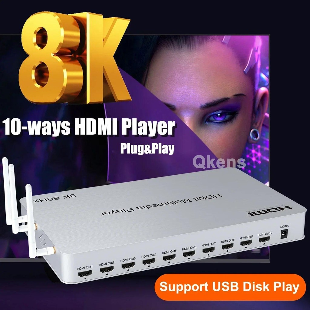 H.265 8K 60Hz 10 Port HDMI Media Player Multimedia Box USB 3.0 Video Player Andriod 10.0 2K 4K HDMI 