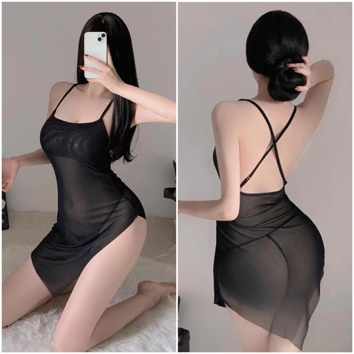 Sexy Mini Dress Sexy Tali Silang Belakang V neck Renda - Hitam