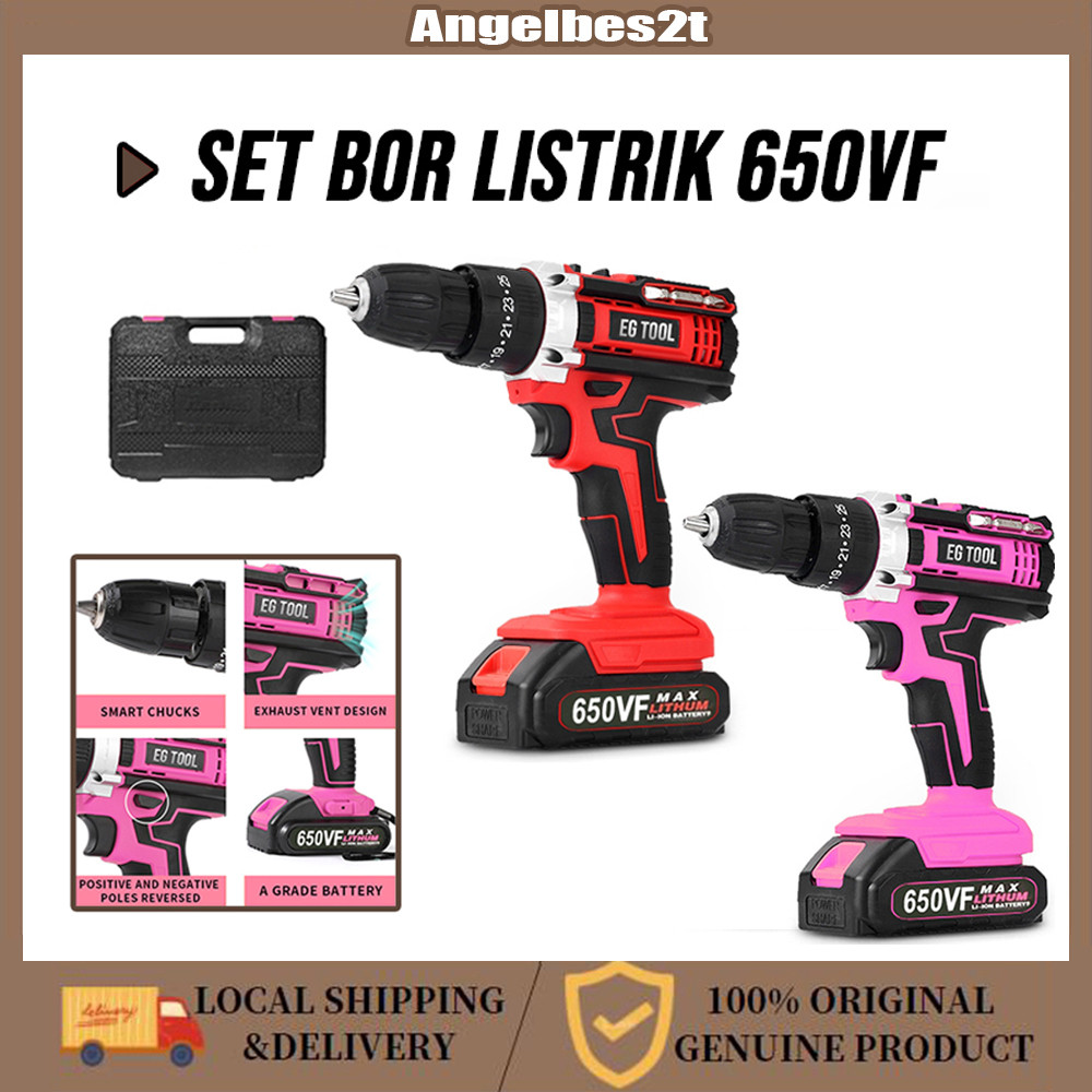 Drill Set Bor Cordless 650V Full Kit - Mesin Bor Elektrik dengan Mata Bor Besi/Kayu/Beton | Charger 