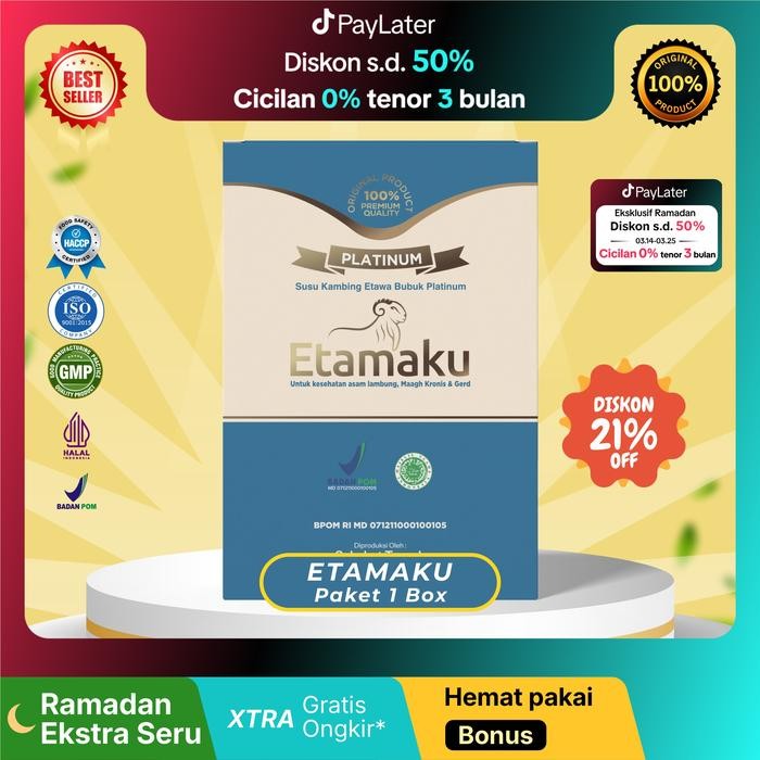 

Etamaku Platinum Susu Bubuk Etawa Untuk Pencernaan, Asam Lambung, Maag, Nyeri Sendi, Rematik & Sesak Nafas - Paket 1 Box