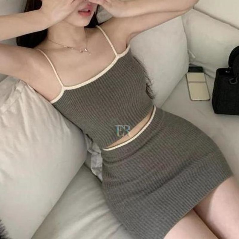 Setelan Basic Tanktop + Rok Pendek Rajut Atasan Lengan Tali Crop Top Import Mini Skirt Dress Ketat S