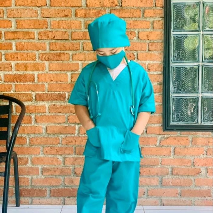 Sale Baju Oka Anak - Baju Dokter Jaga - Costum Profesi Anak - Baju Karnaval Anak - BIRU TOSCA, 2 Ter