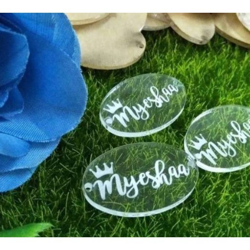 

label akrilik untuk jilbab / label baju 5 x 2 cm