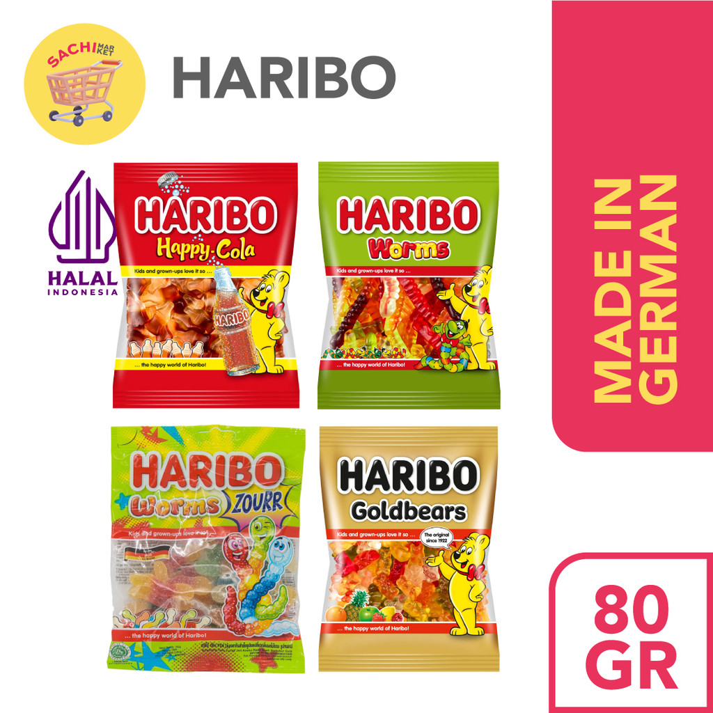 

HARIBO Gummy Candy / Permen Jelly Happy Cola Goldbears Worms Zour Sour Ori German (80gr)