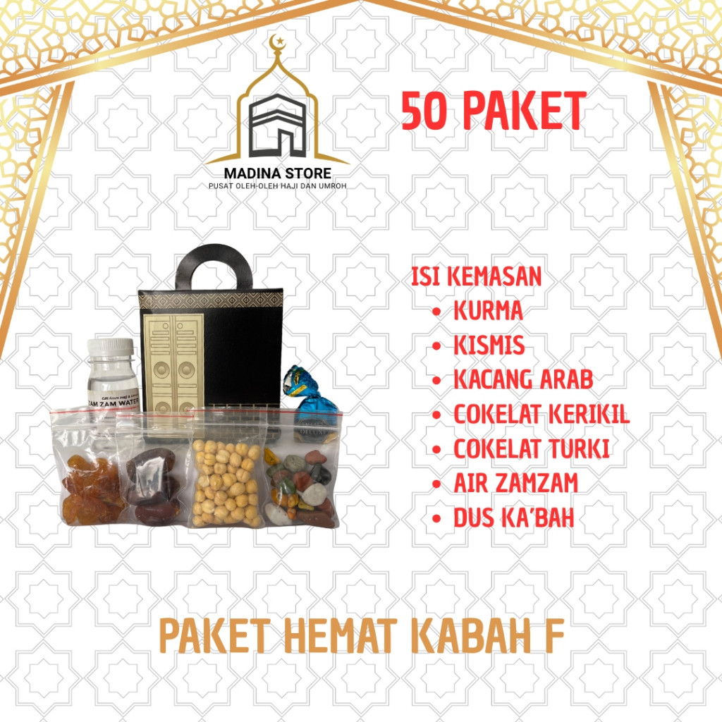 

Grosir Paket Hemat Oleh-oleh Haji dan Umroh Paket F 50 PCS isi Air Zamzam Dus Ka'bah