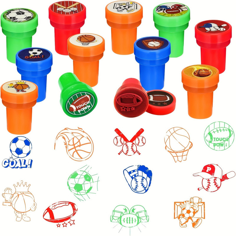 

12 Pcs Sports Themed Stamps for Boys and Girls, Football Basketball Baseball Soccer Birthday Party Supplies, Classroom Rewards