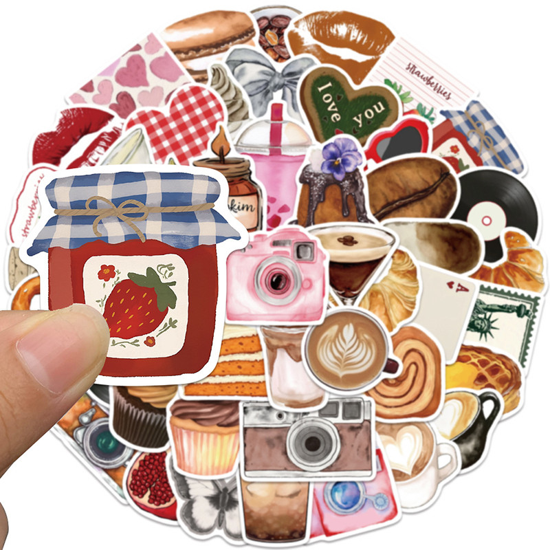 

50PCS Food and Cake Graffiti Stickers Coffee Afternoon Tea Pattern Stickers DIY Scrapbook Laptop Luggage Phone Retro Decals Toys