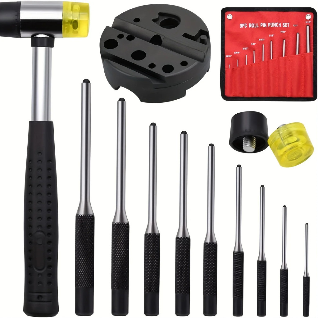 

13PCS/Lot Roll Pin Punch Set With Storage Pouch Smithing Punch Removing Repair Tools With Bench Block Pin Punches And Hammer